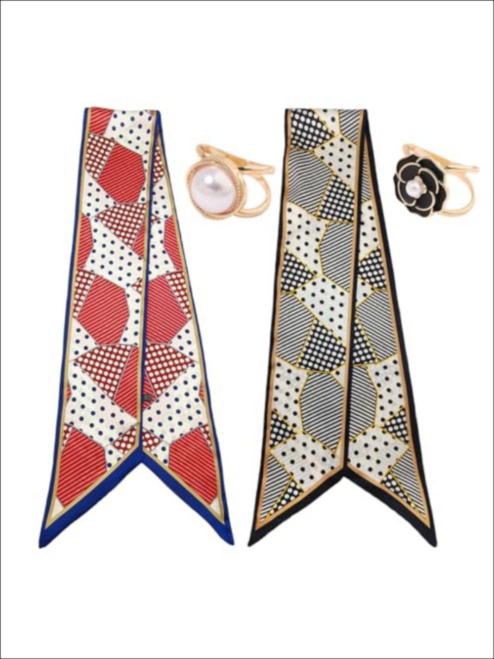 Long Silk Like Scarf 4Pc Set with 2 Ring Clips Polyester Hair Neck Belt Scarf